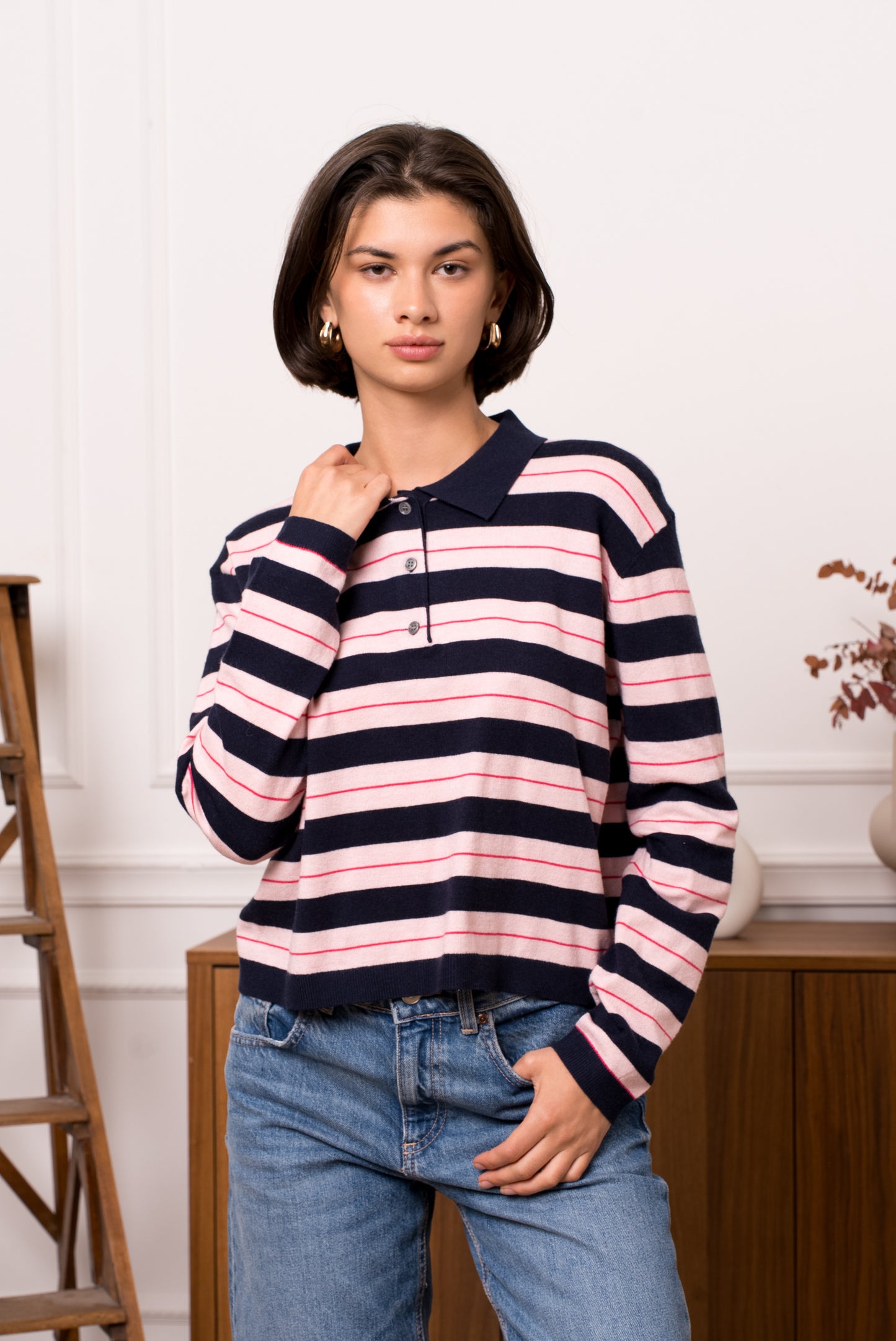 Beth navy & pink striped knit polo top
