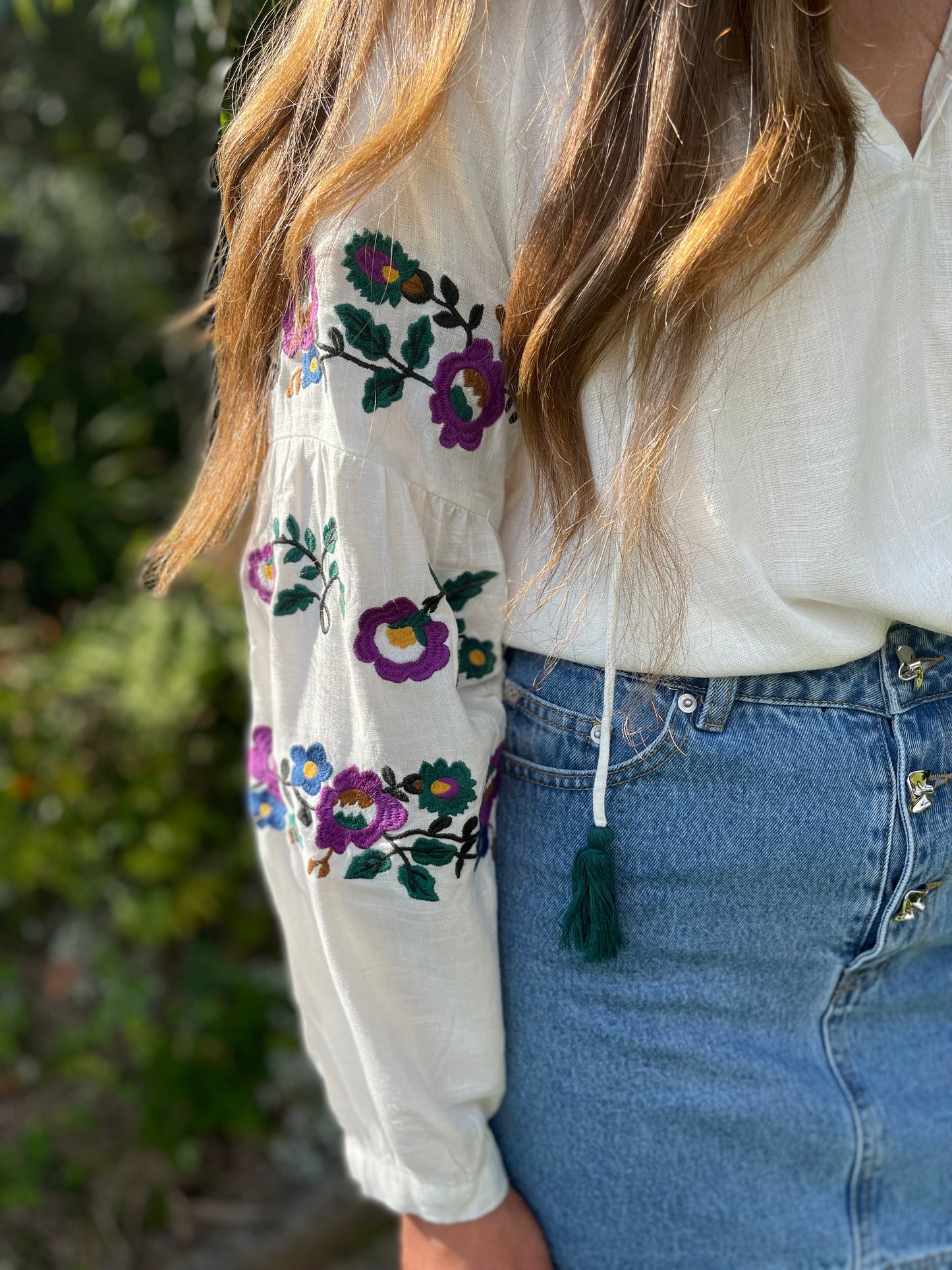 Purple flowers embroidered boho blouse