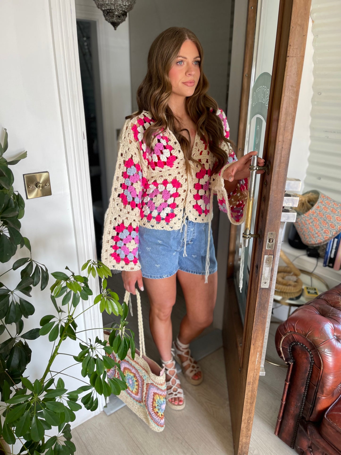 Anais pink crochet jacket with fringing