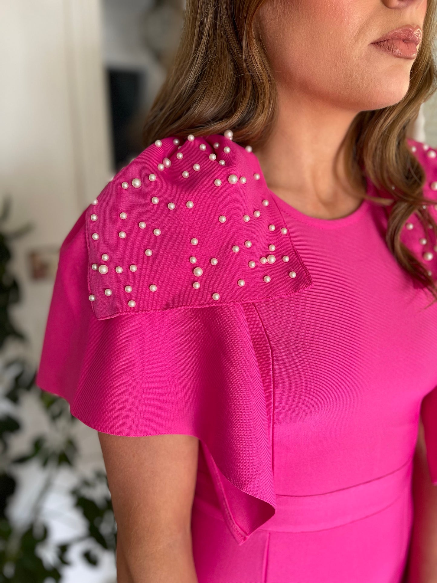 Allina fuschia pink dress with pearl sleeves