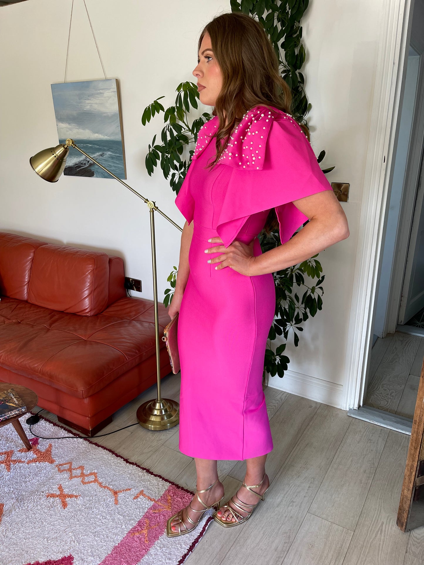 Allina fuschia pink dress with pearl sleeves