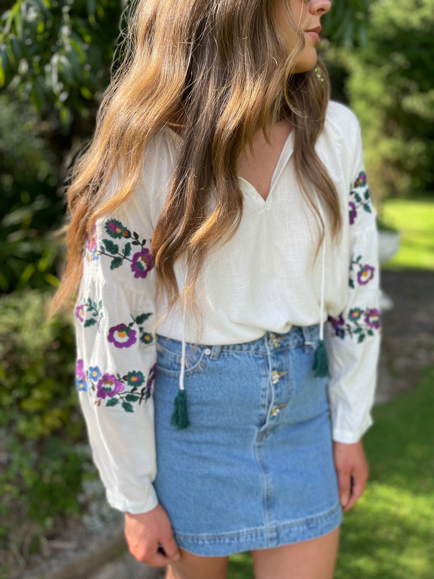 Purple flowers embroidered boho blouse