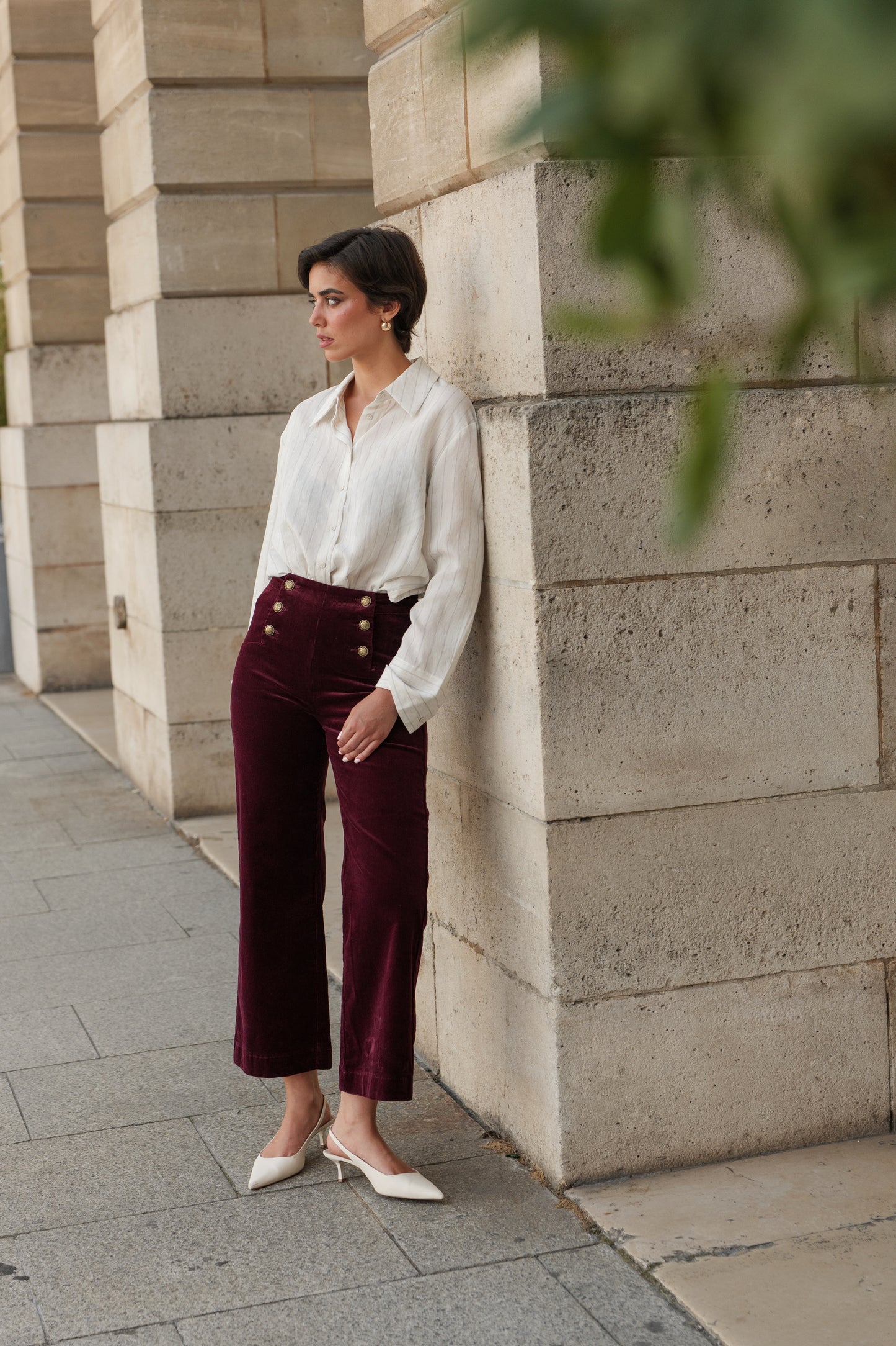 Victo Wide leg burgundy cords with gold front buttons