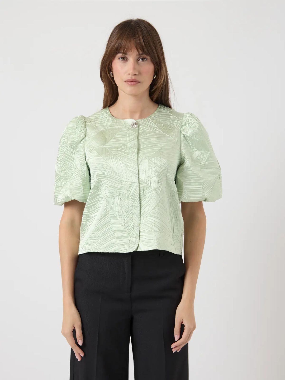 YASVIBE LEAF PRINT PUFF SLEEVE TOP