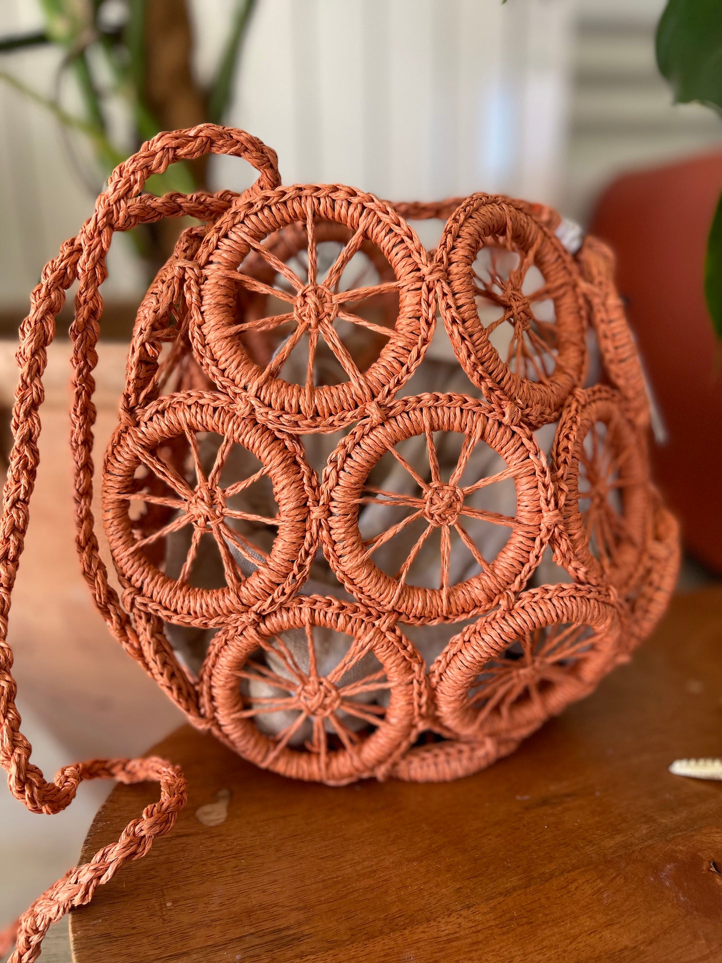 Orange rattan mini bag with strap