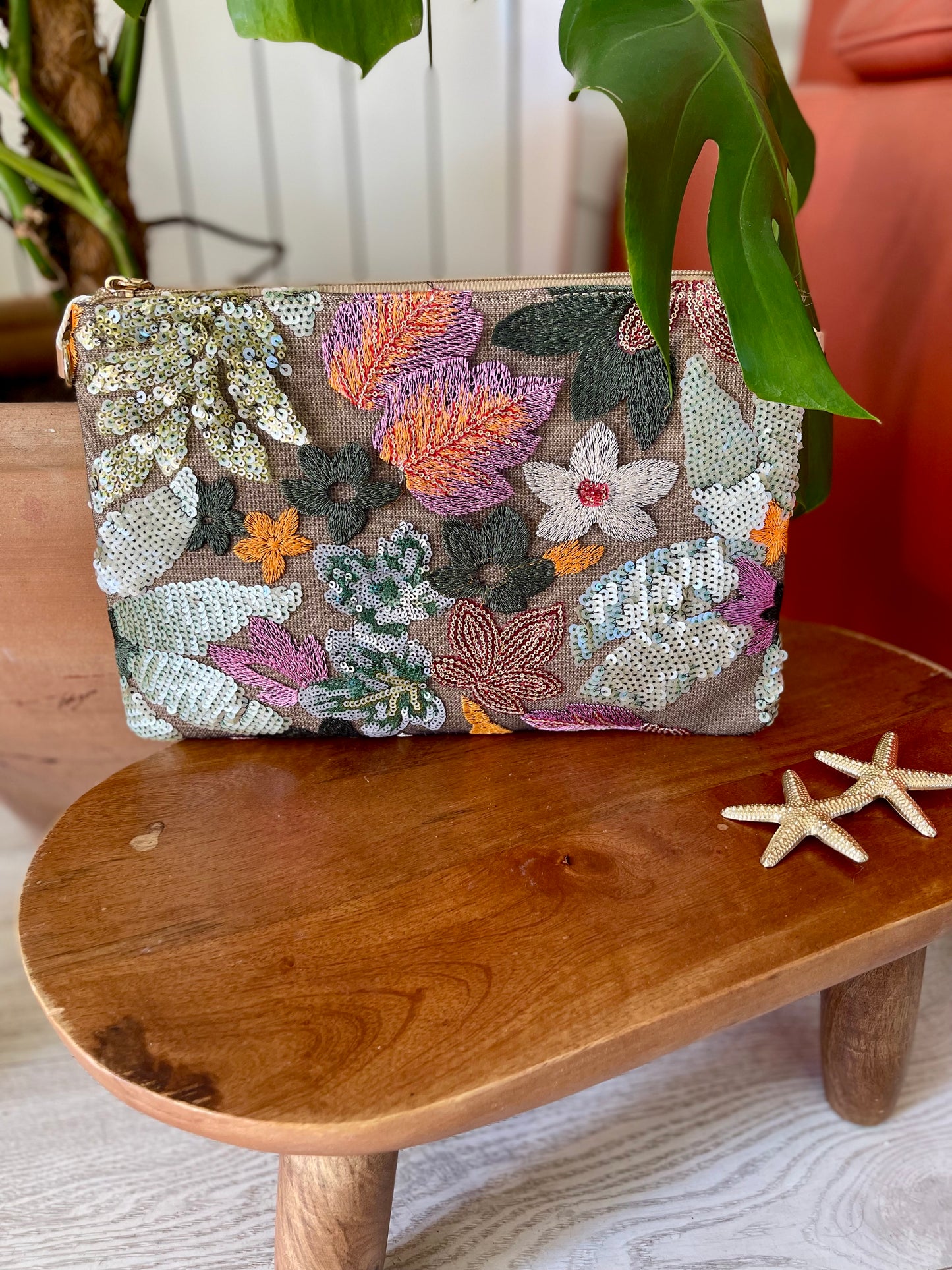 Ocean waves sequin floral clutch bag pouch