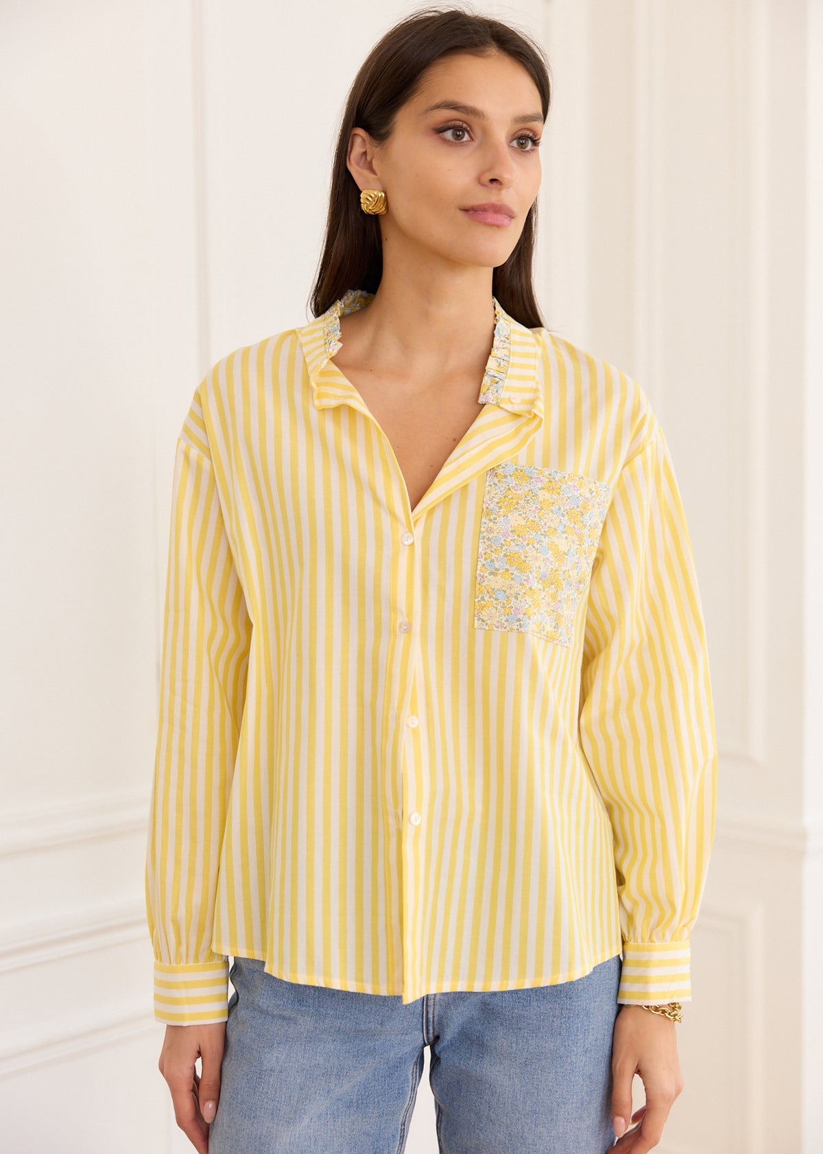 Mila yellow striped floral pocket shirt