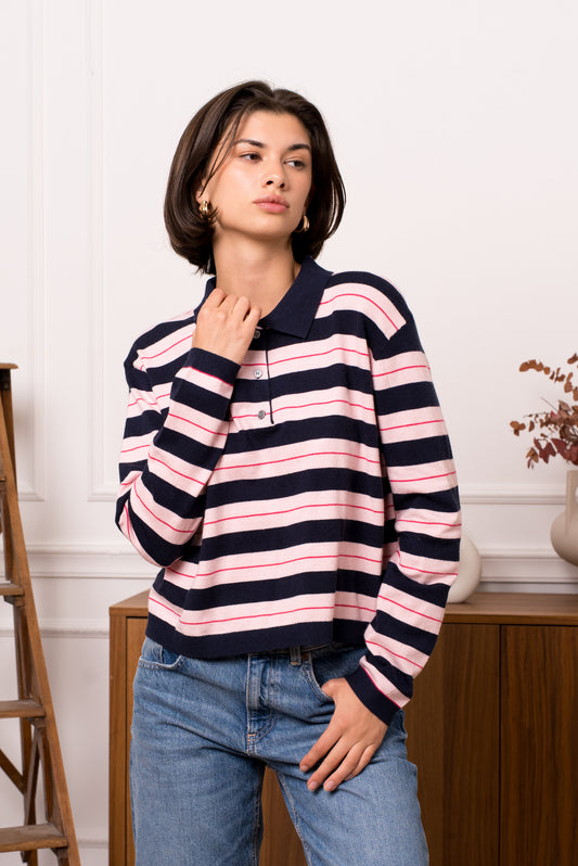 Beth navy & pink striped knit polo top