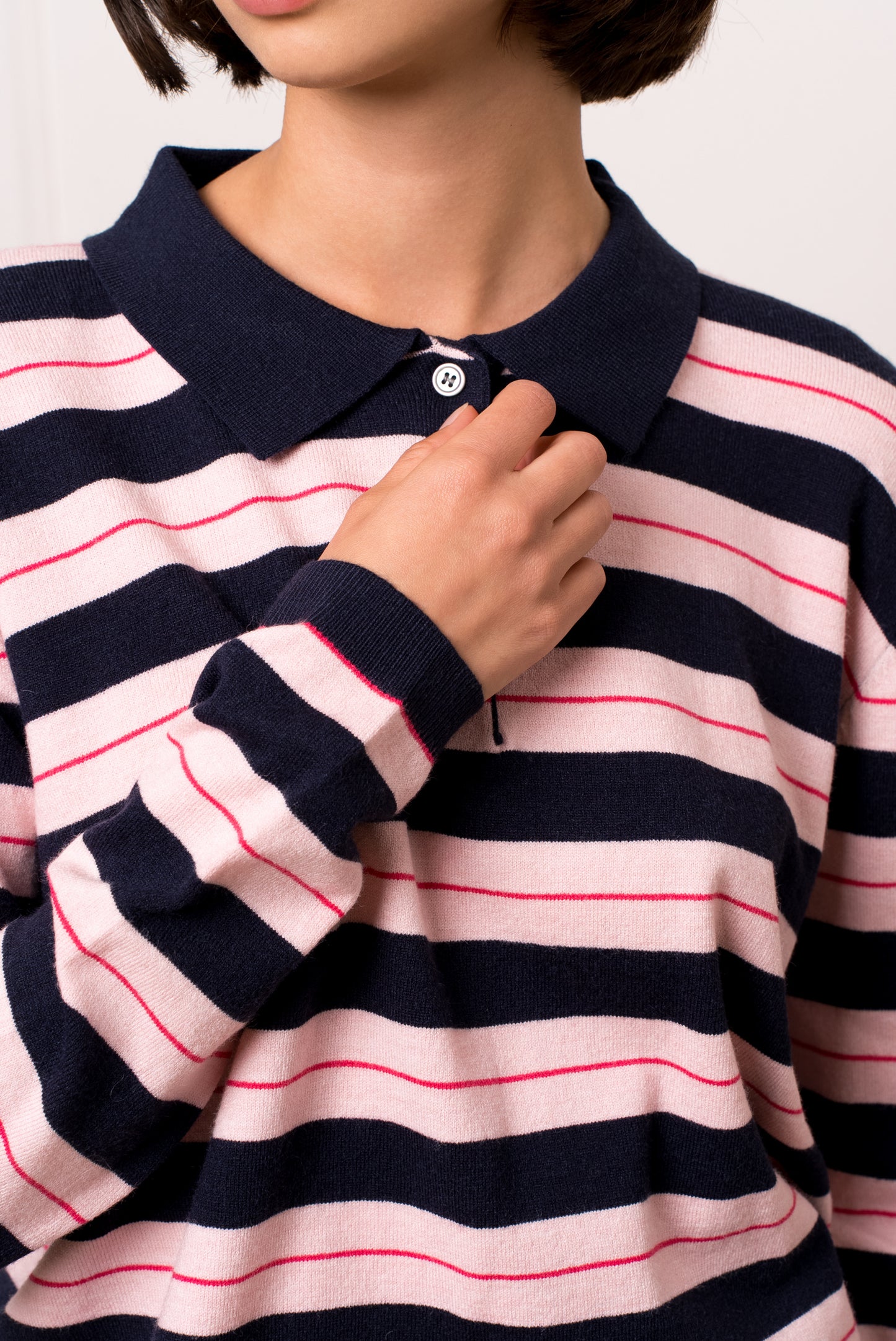 Beth navy & pink striped knit polo top