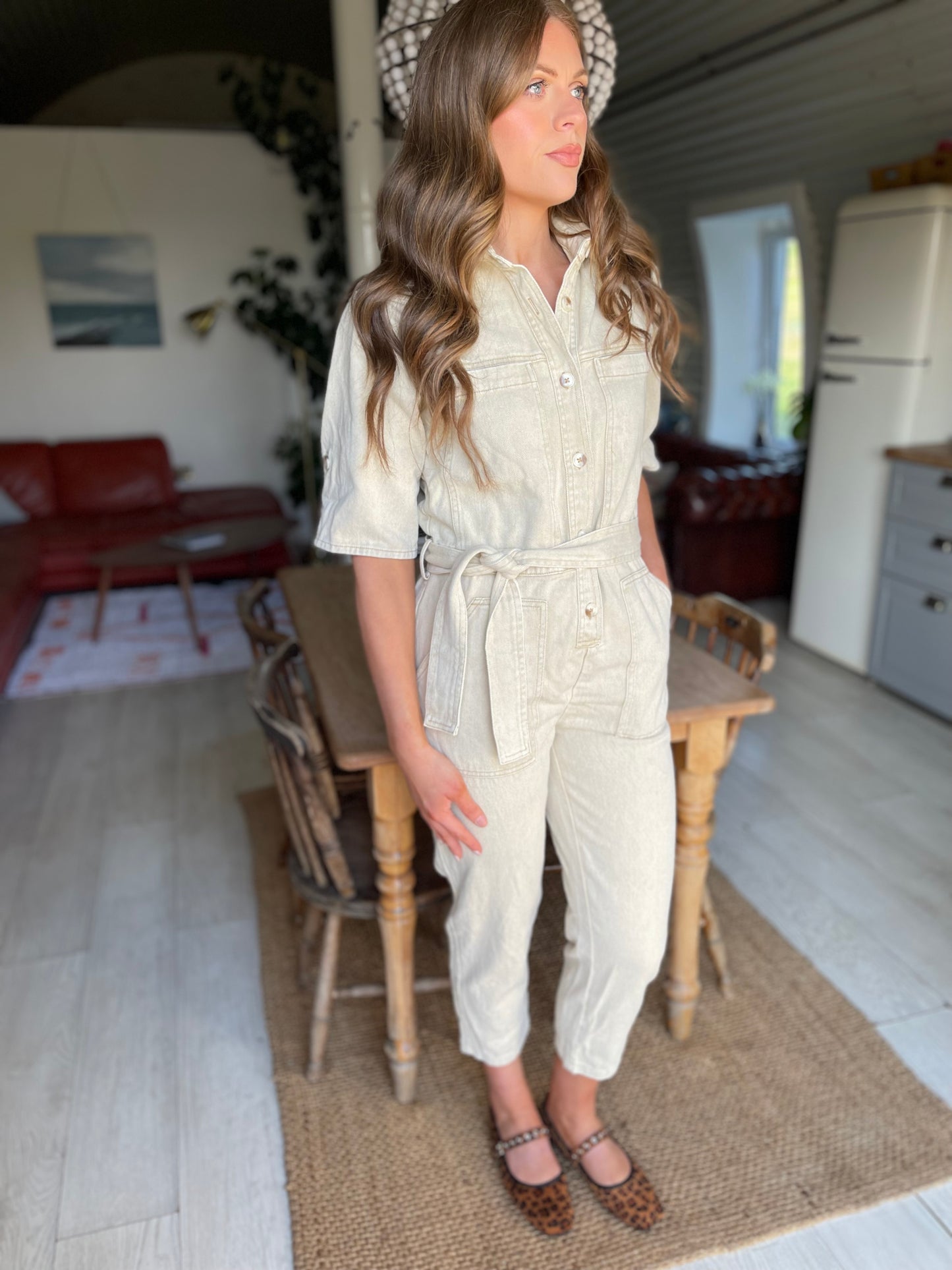 Charlie beige wash denim jumpsuit