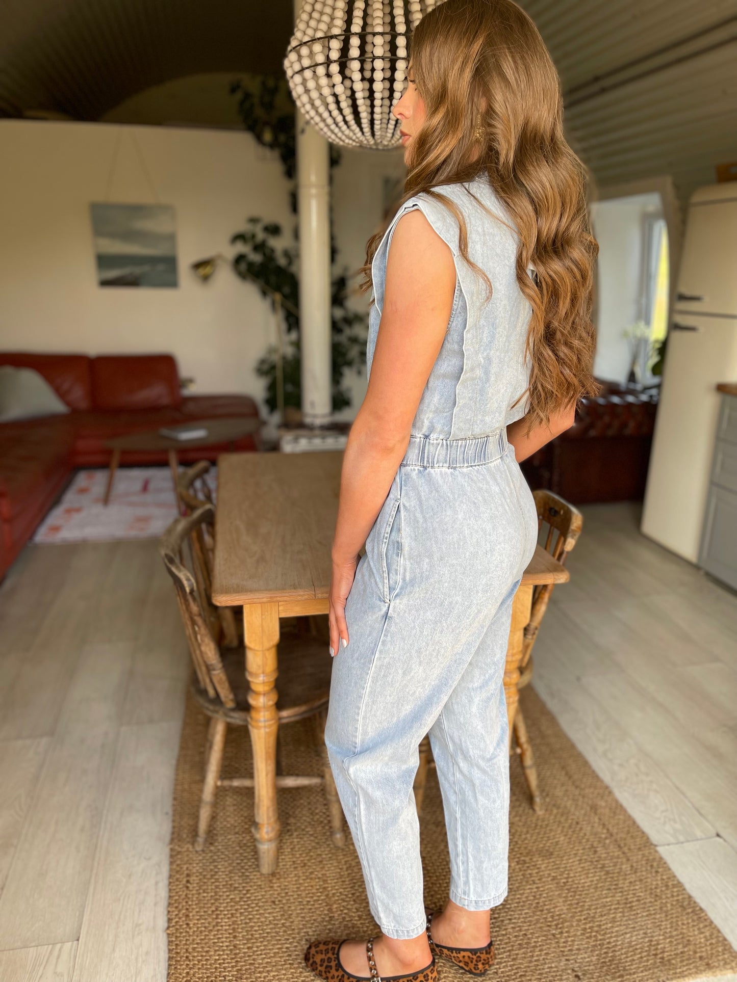Evie short sleeve light wash blue denim jumpsuit