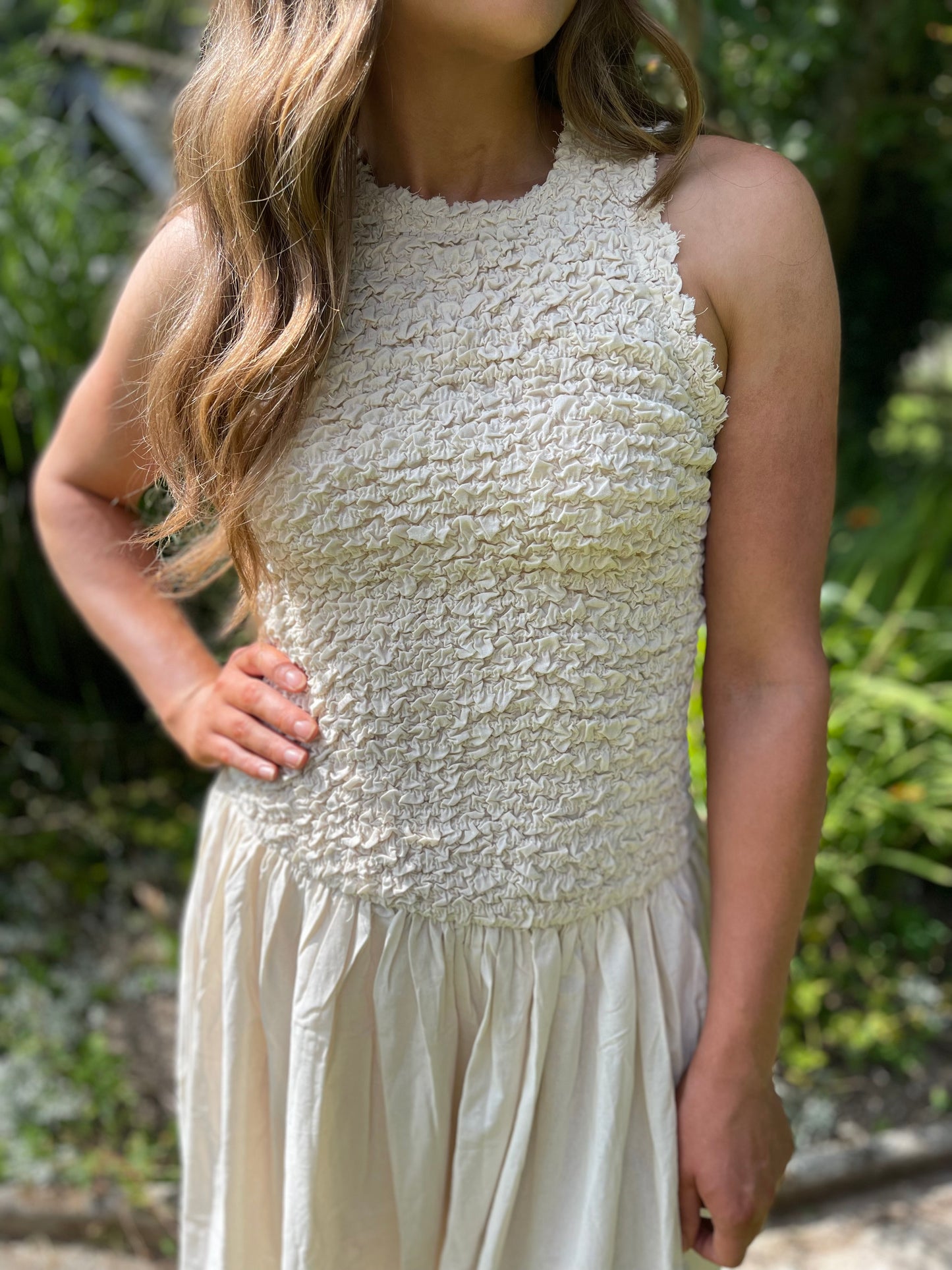 Mila ruched cotton beige dress