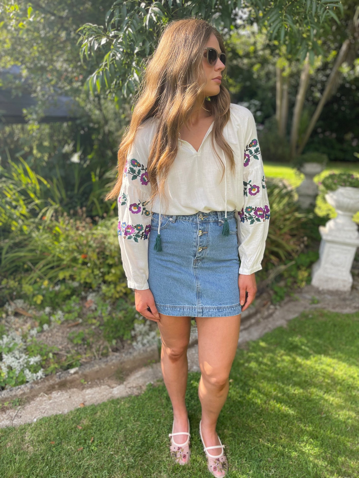 Purple flowers embroidered boho blouse