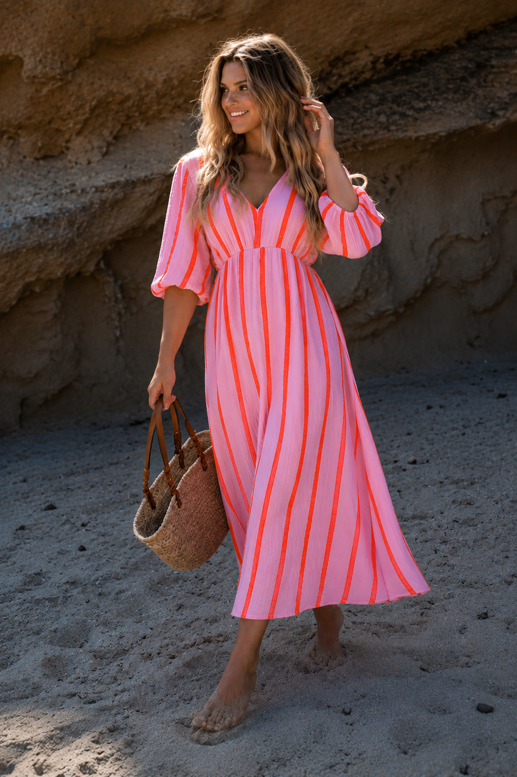 Fern cheesecloth pink and orange stripe dress