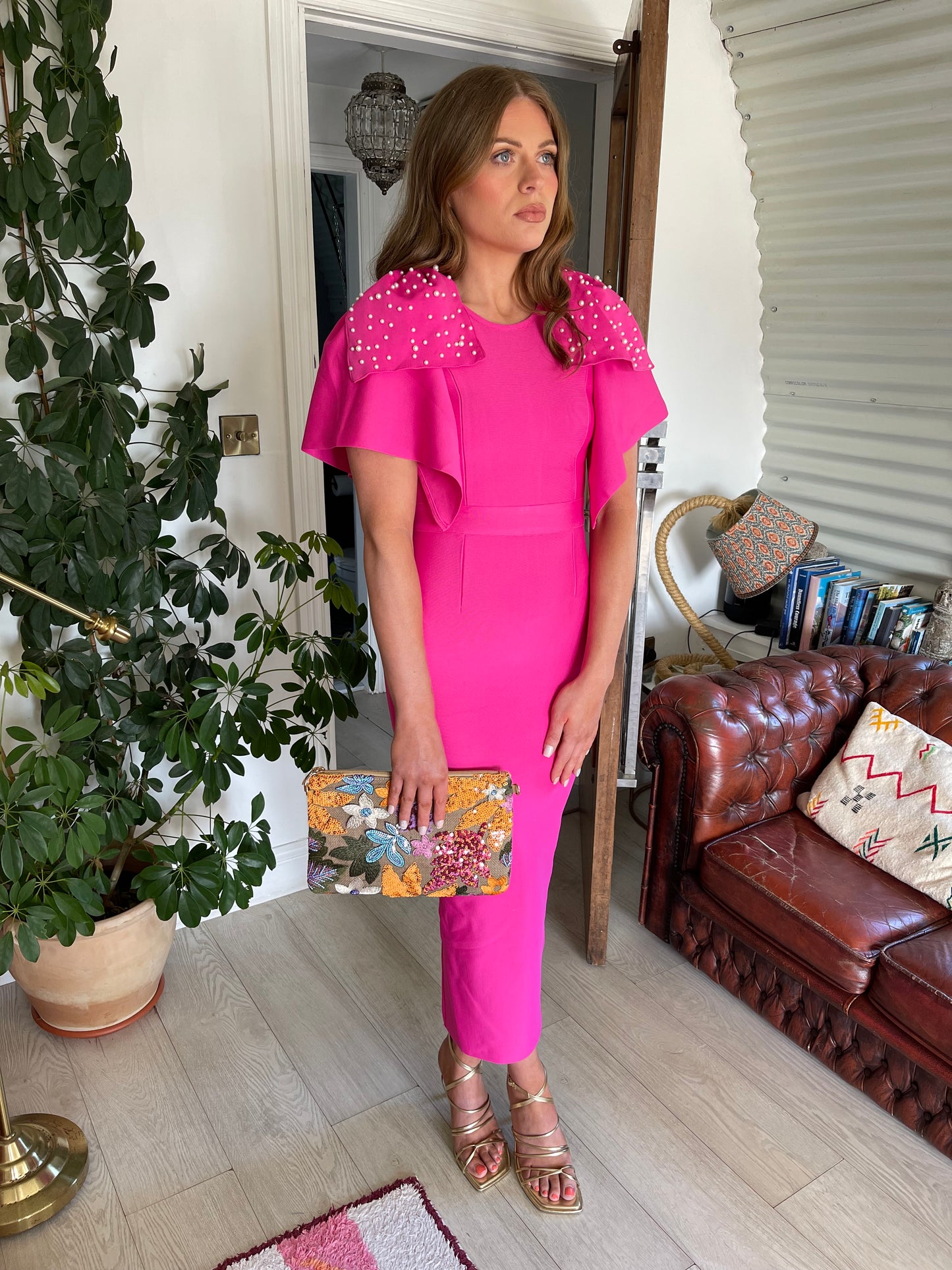 Allina fuschia pink dress with pearl sleeves