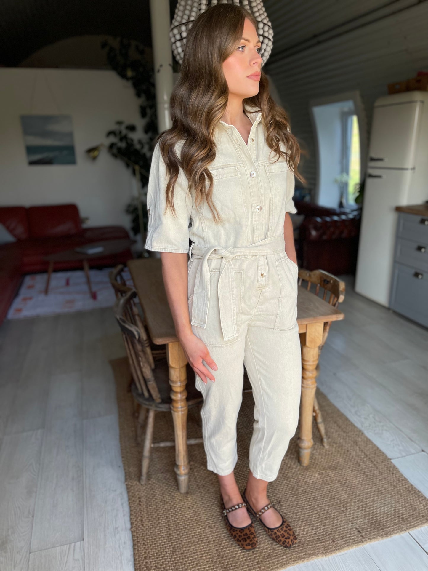 Charlie beige wash denim jumpsuit