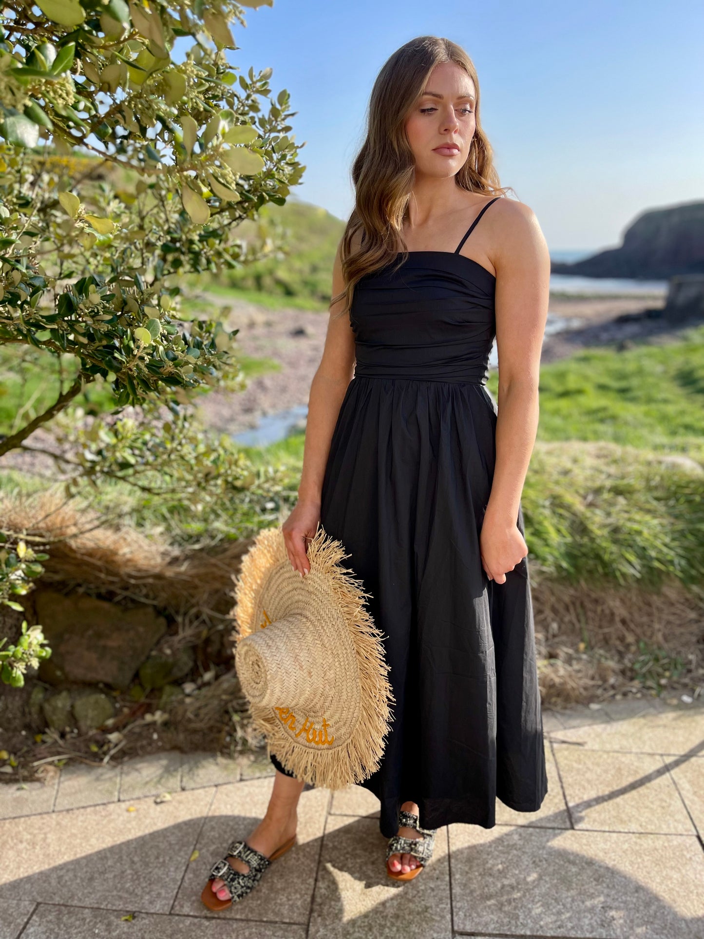 Molly black cotton strappy midi dress