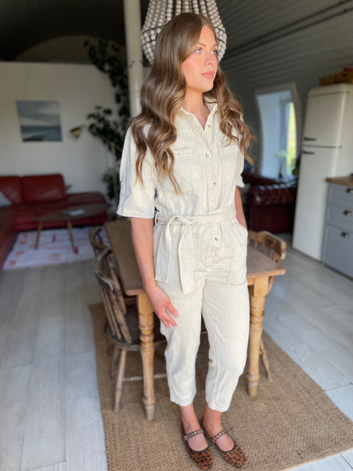 Charlie beige wash denim jumpsuit