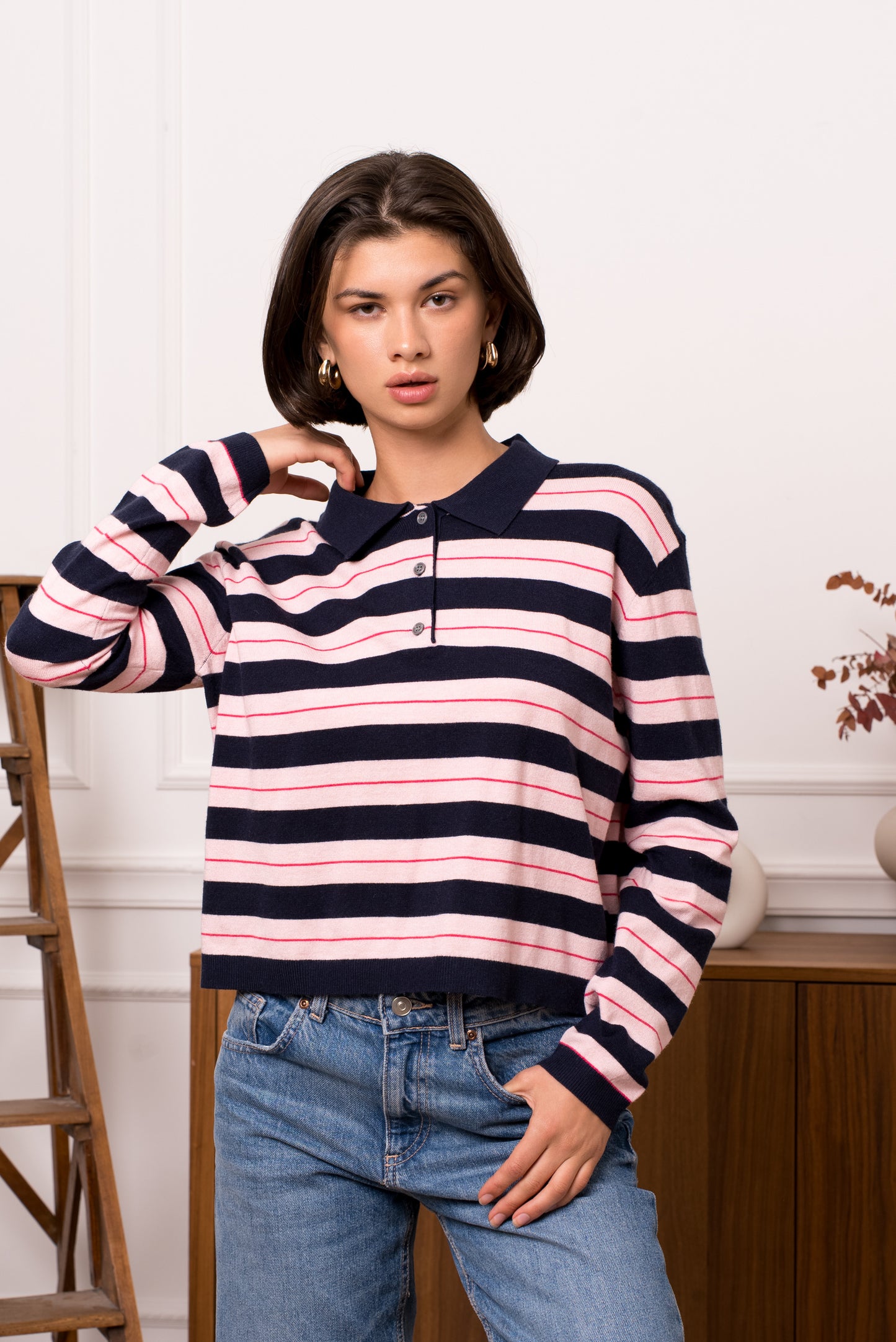 Beth navy & pink striped knit polo top