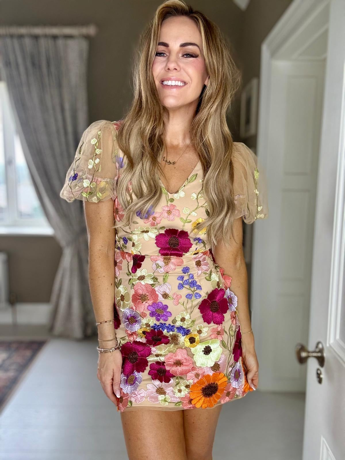 Mila floral embroidery puff sleeve dress
