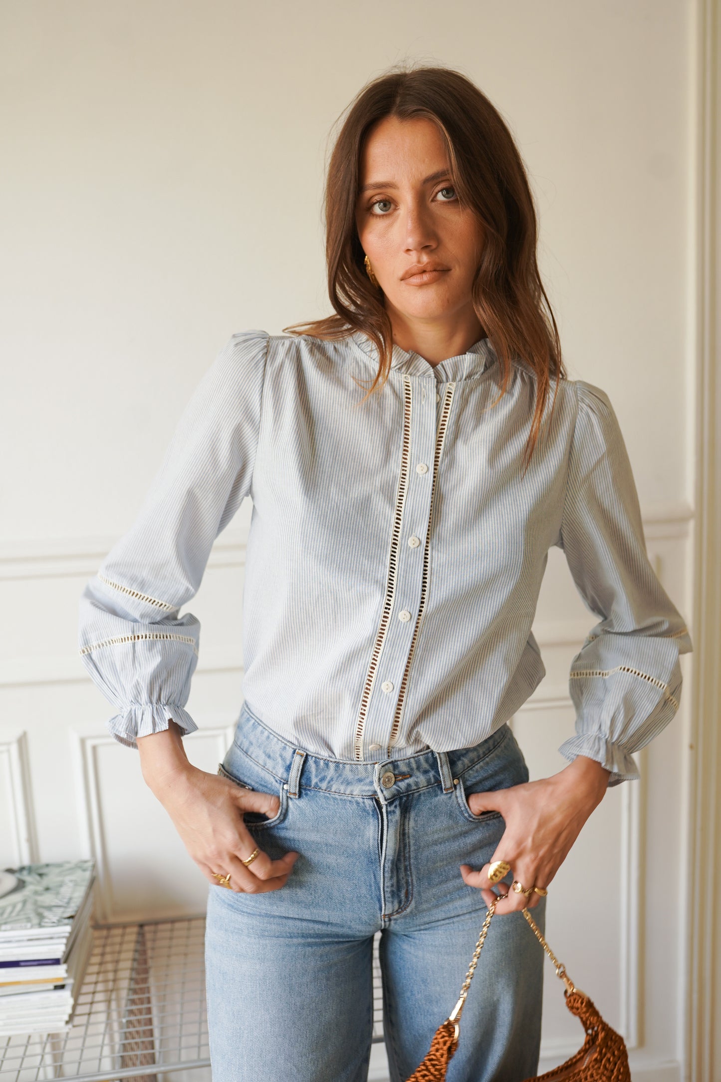 Erica blue striped ruffle trim collar blouse