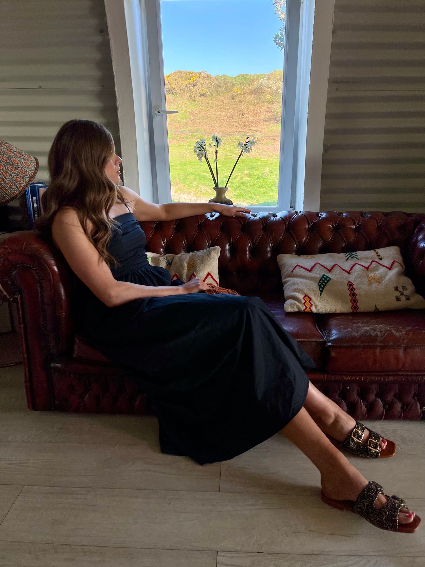 Molly black cotton strappy midi dress