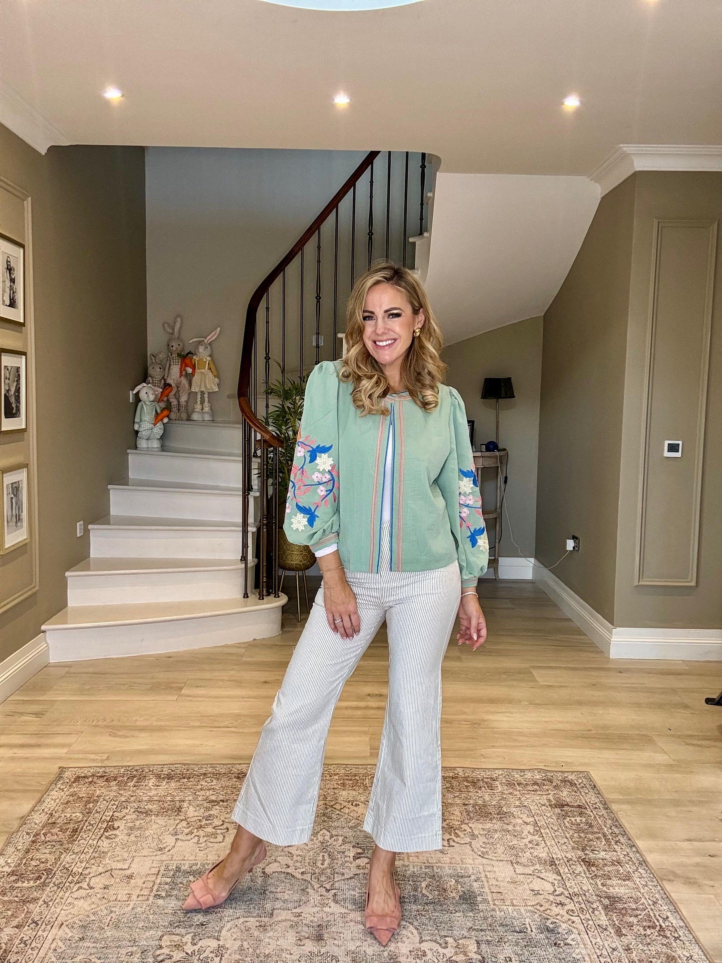 Stripe wide leg jeans with front gold buttons