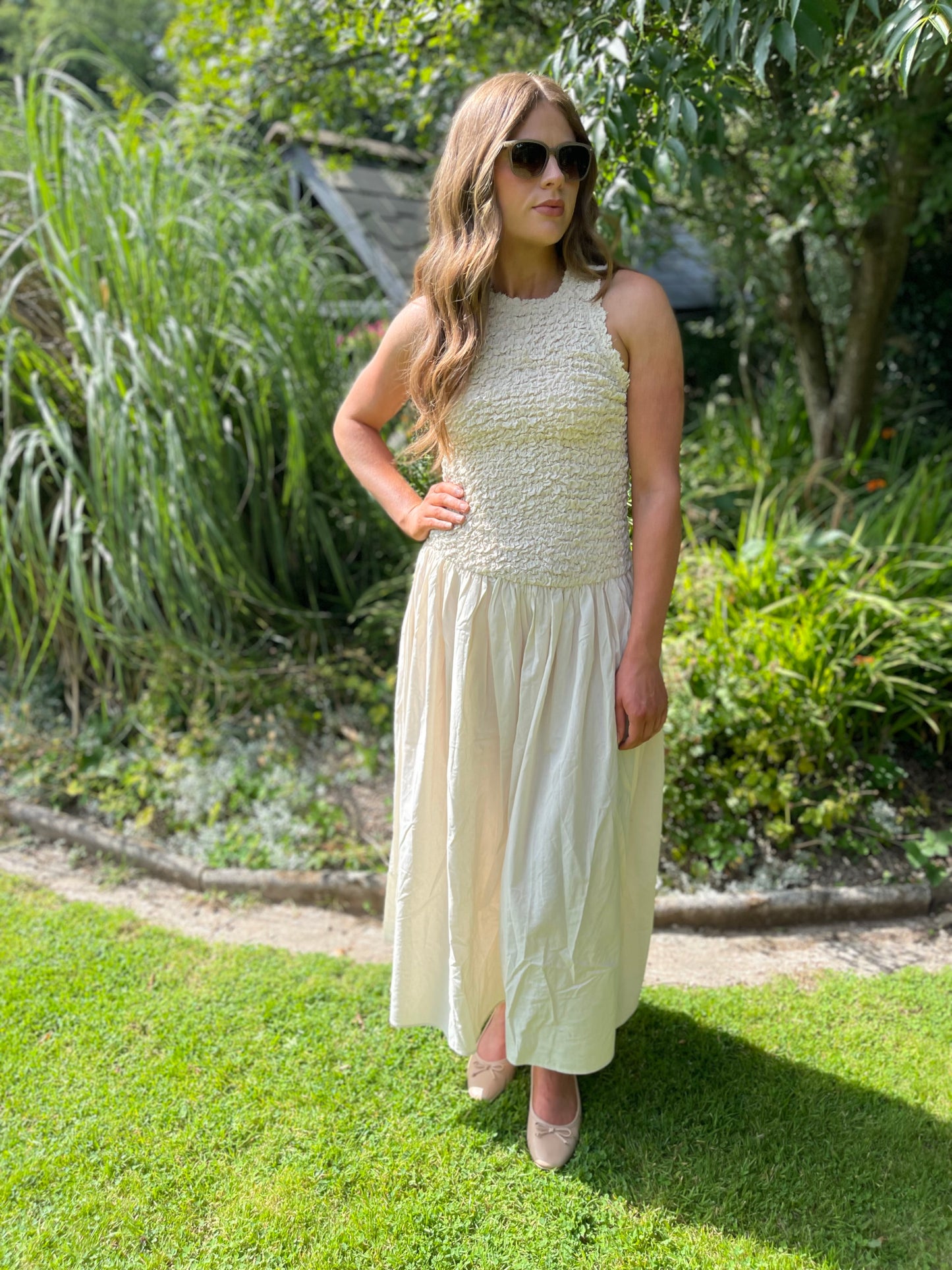 Mila ruched cotton beige dress