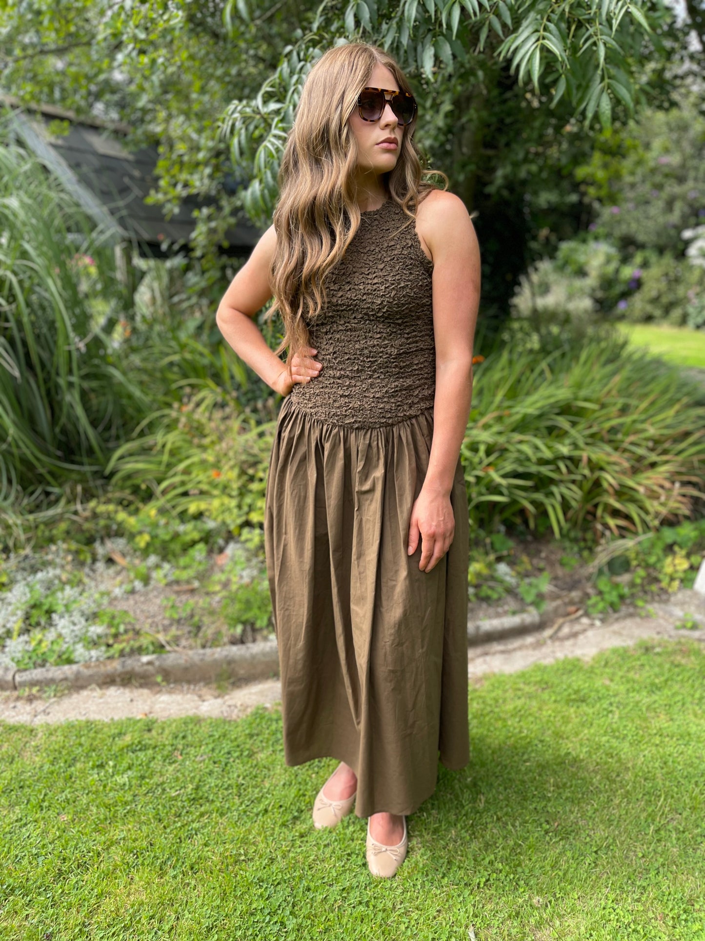 Mila ruched cotton brown dress