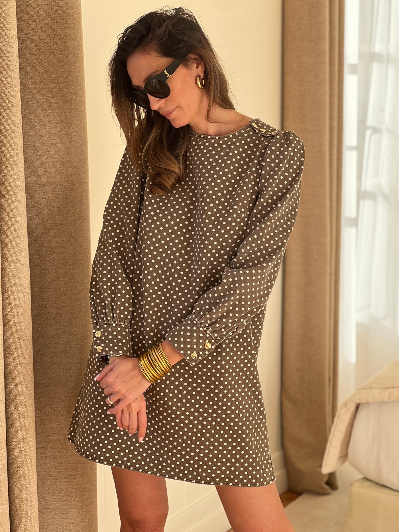 Celestine brown polka dot denim dress