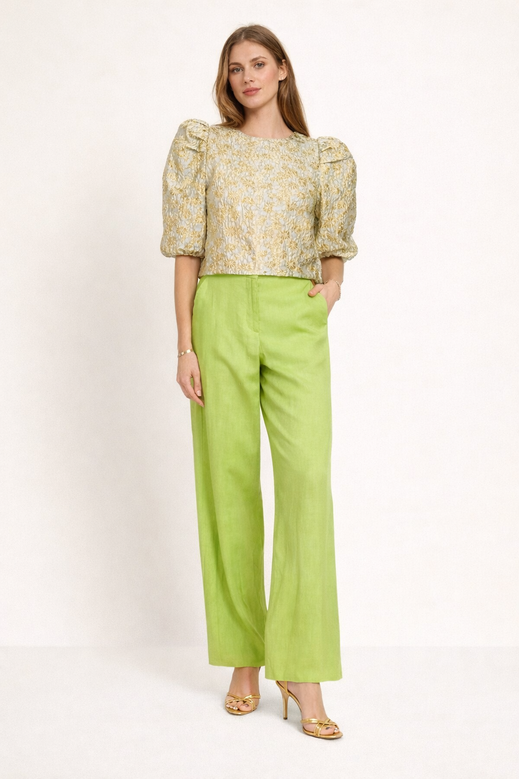 Olivia gold jacquard balloon sleeve top