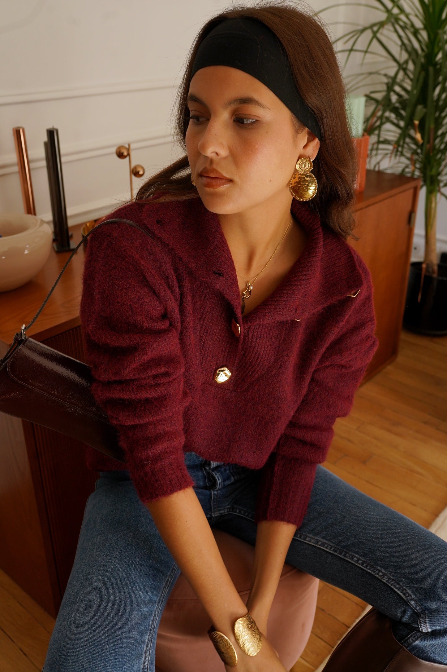 Amelia burgundy gold button polo neck jumper