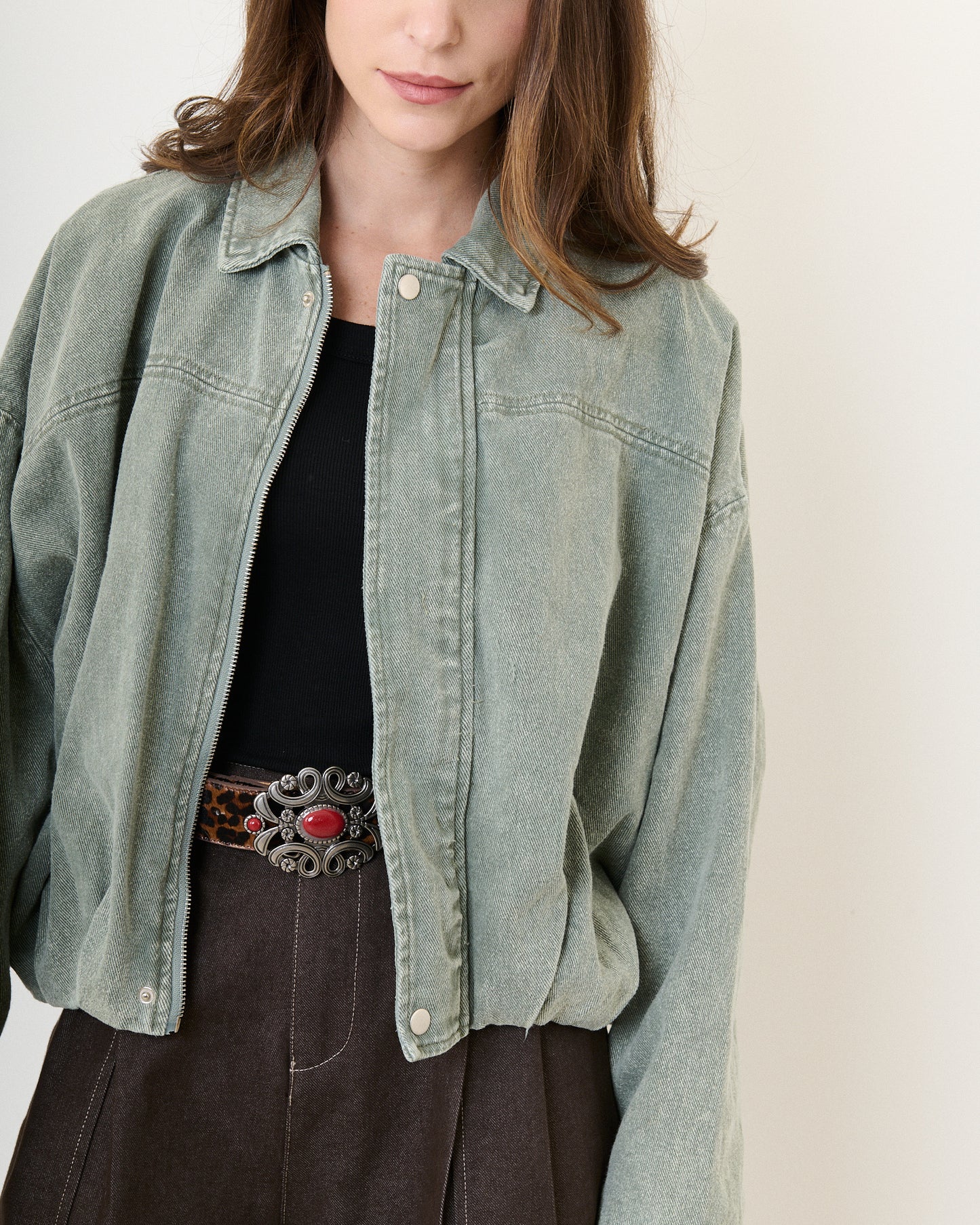Millie khaki washed denim bomber jacket