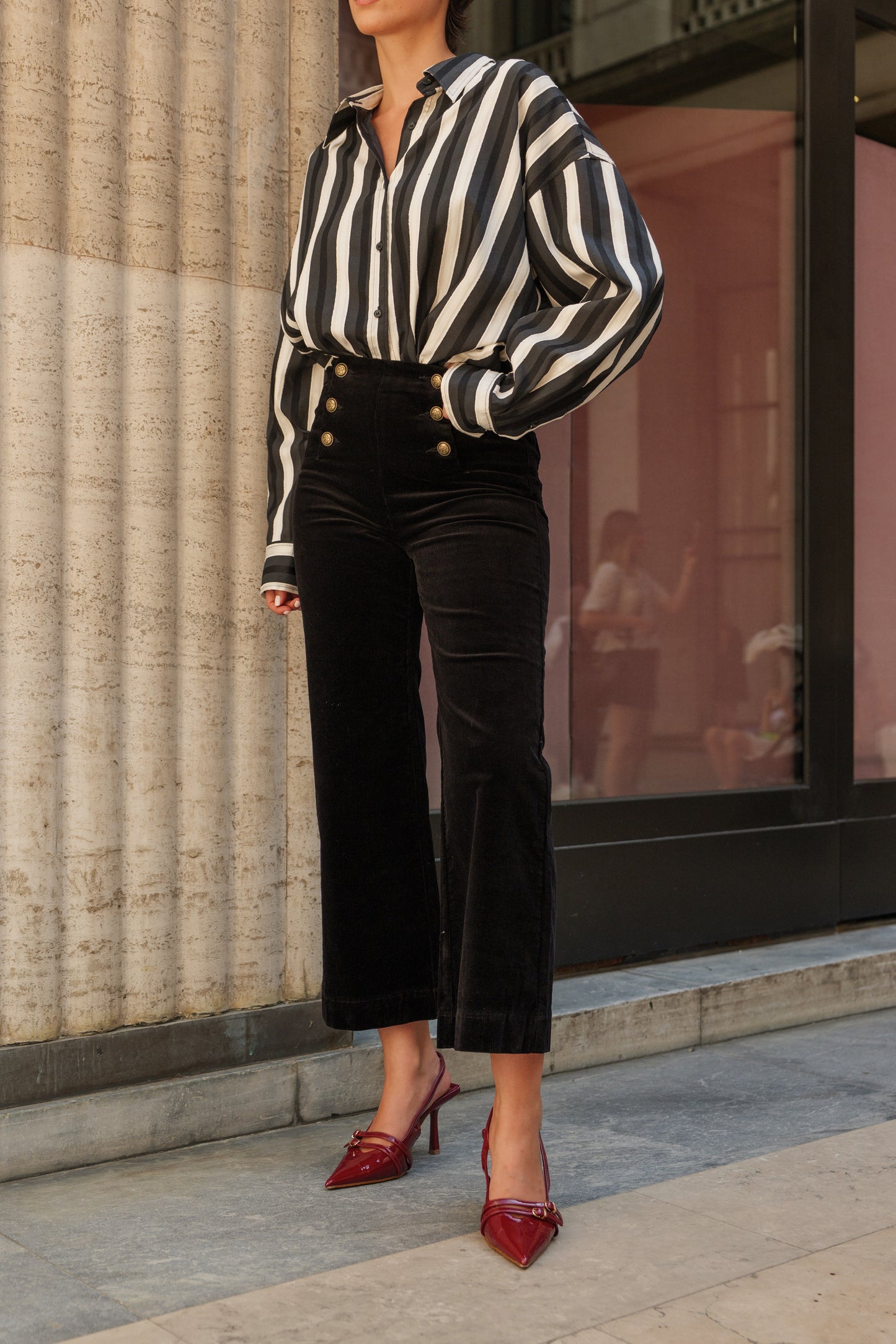 Victo Wide leg black cords with gold front buttons