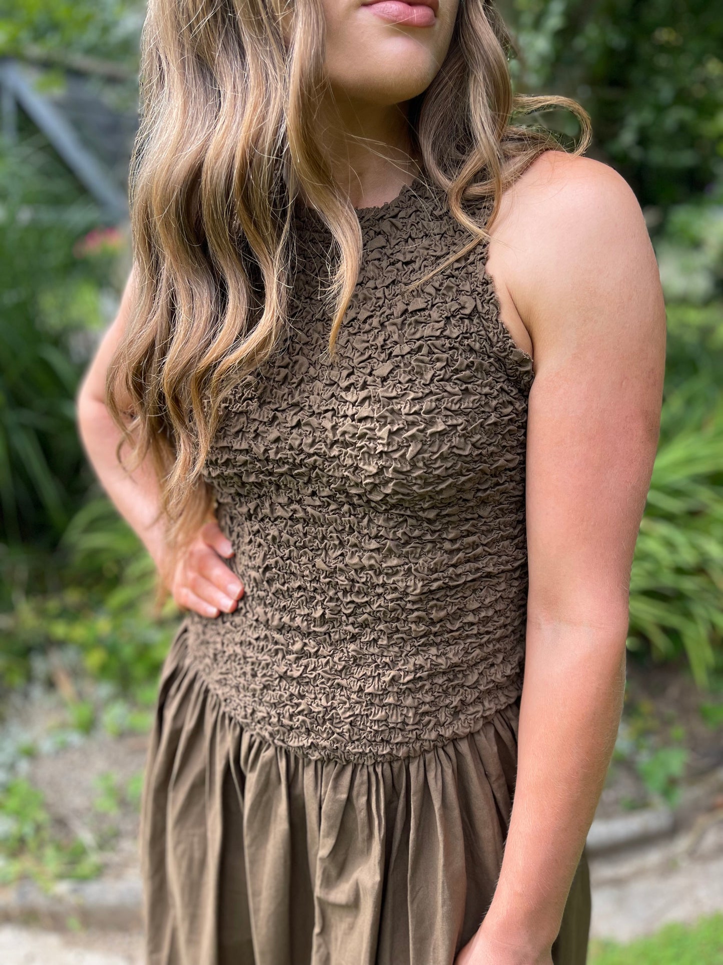Mila ruched cotton brown dress