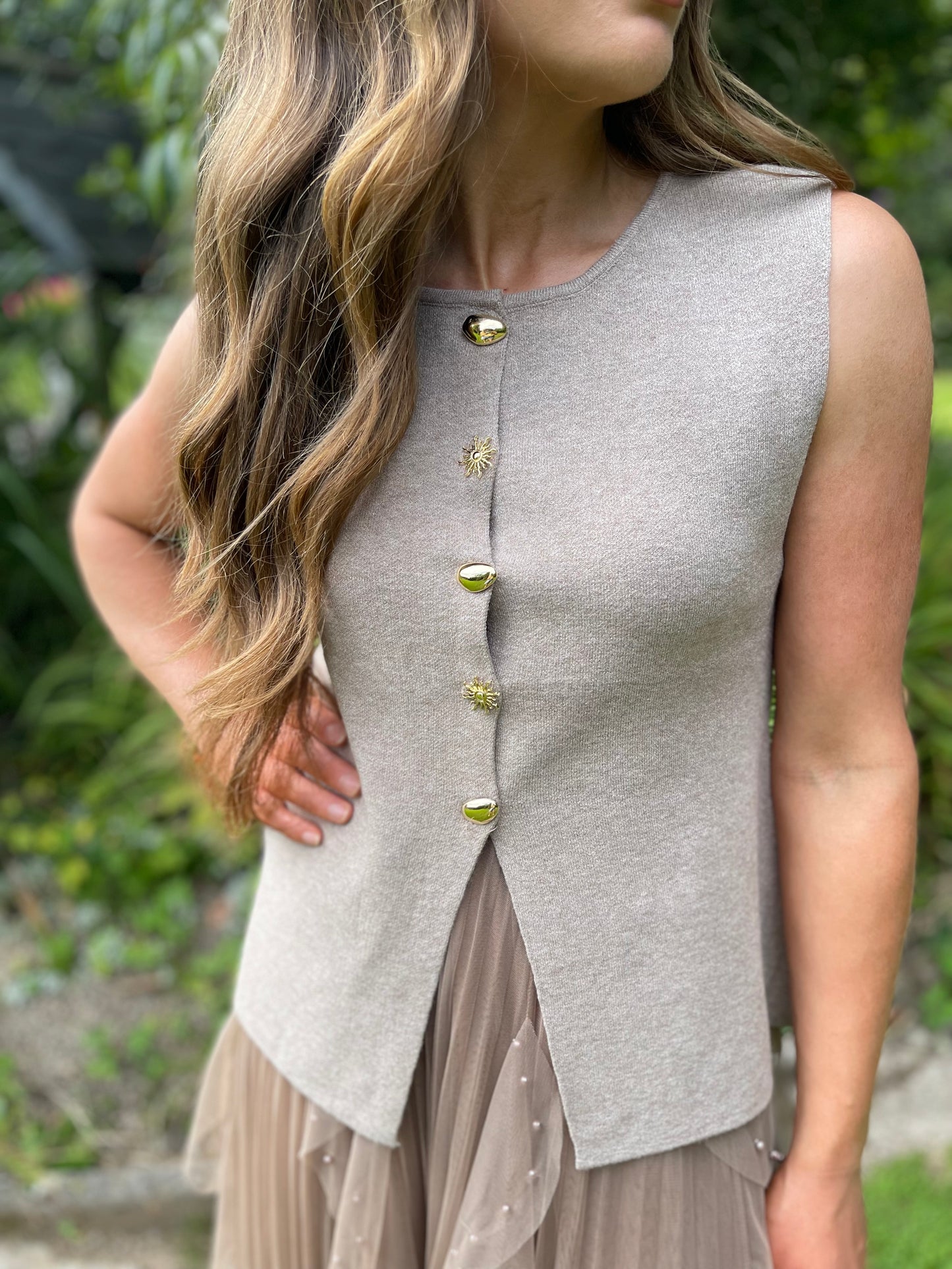 Ada taupe waistcoat sun gold buttons