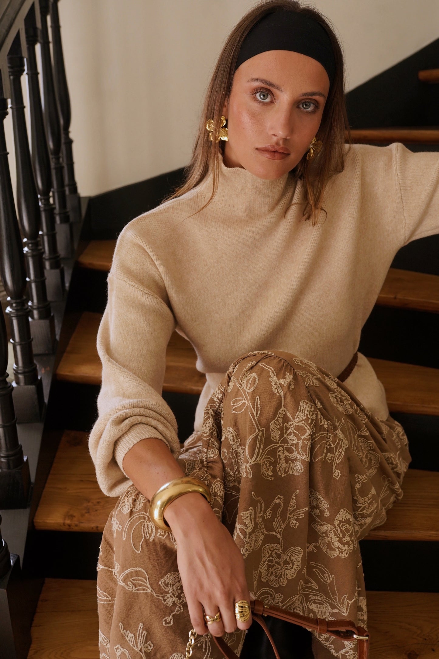 Hilda balloon sleeve coffee polo neck jumper
