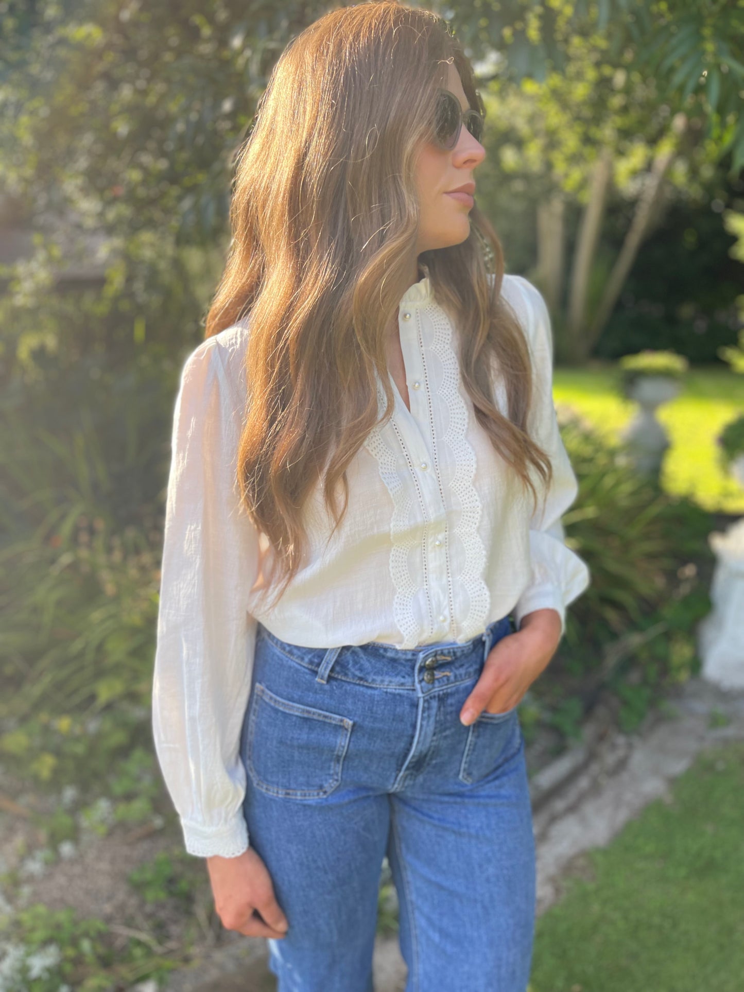 Pearl button scalloped blouse
