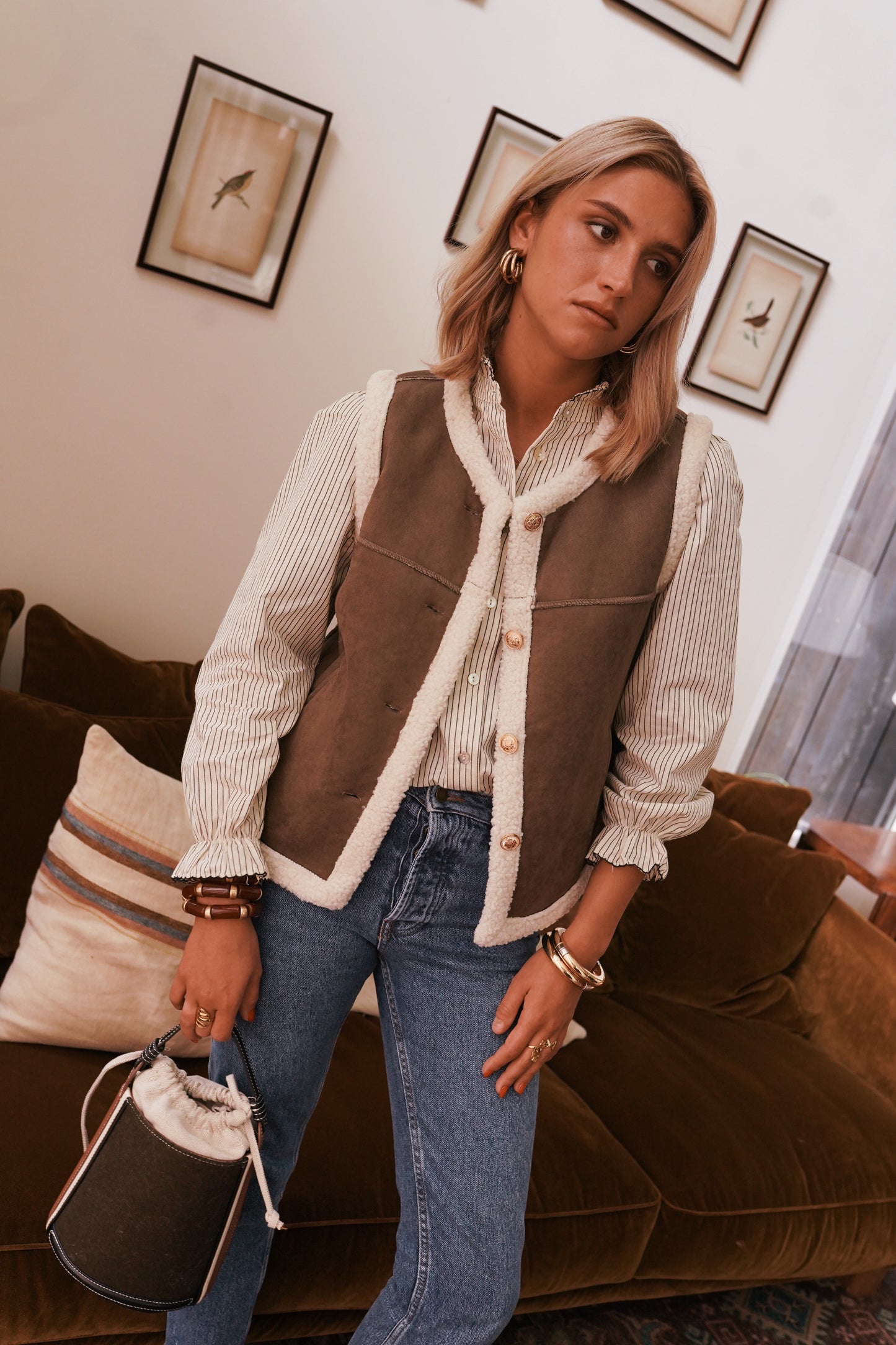 Dotty shearling trim gold button gilet