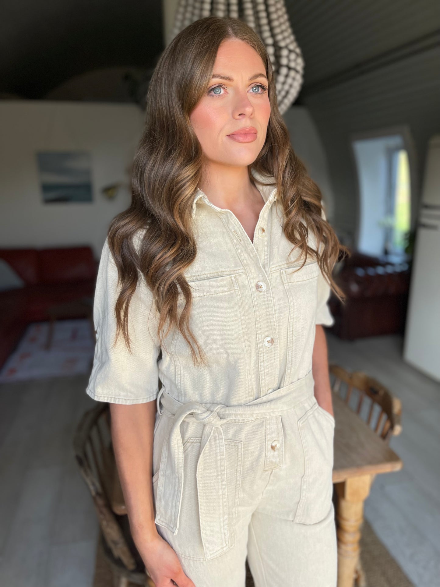 Charlie beige wash denim jumpsuit