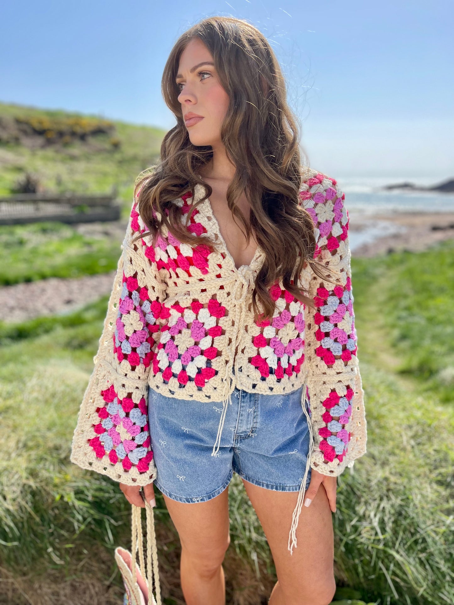 Anais pink crochet jacket with fringing