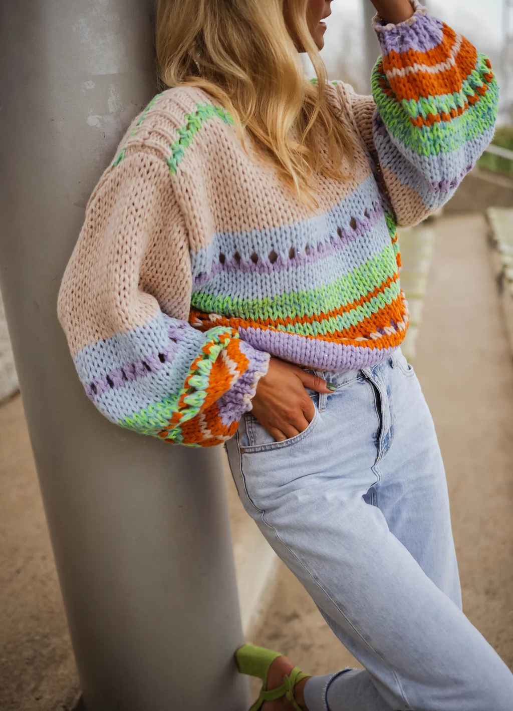 Neon Ladies Balloon Sleeve Jumper Rainbow Mohair Pullover: Chunky