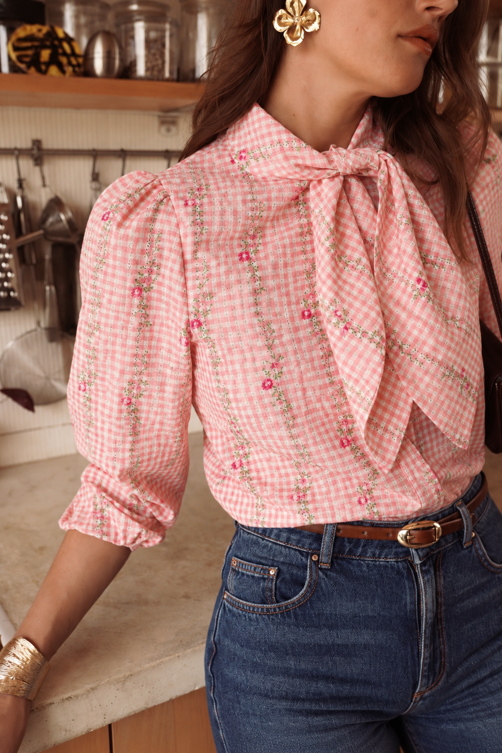 Ella pink neck tie floral blouse