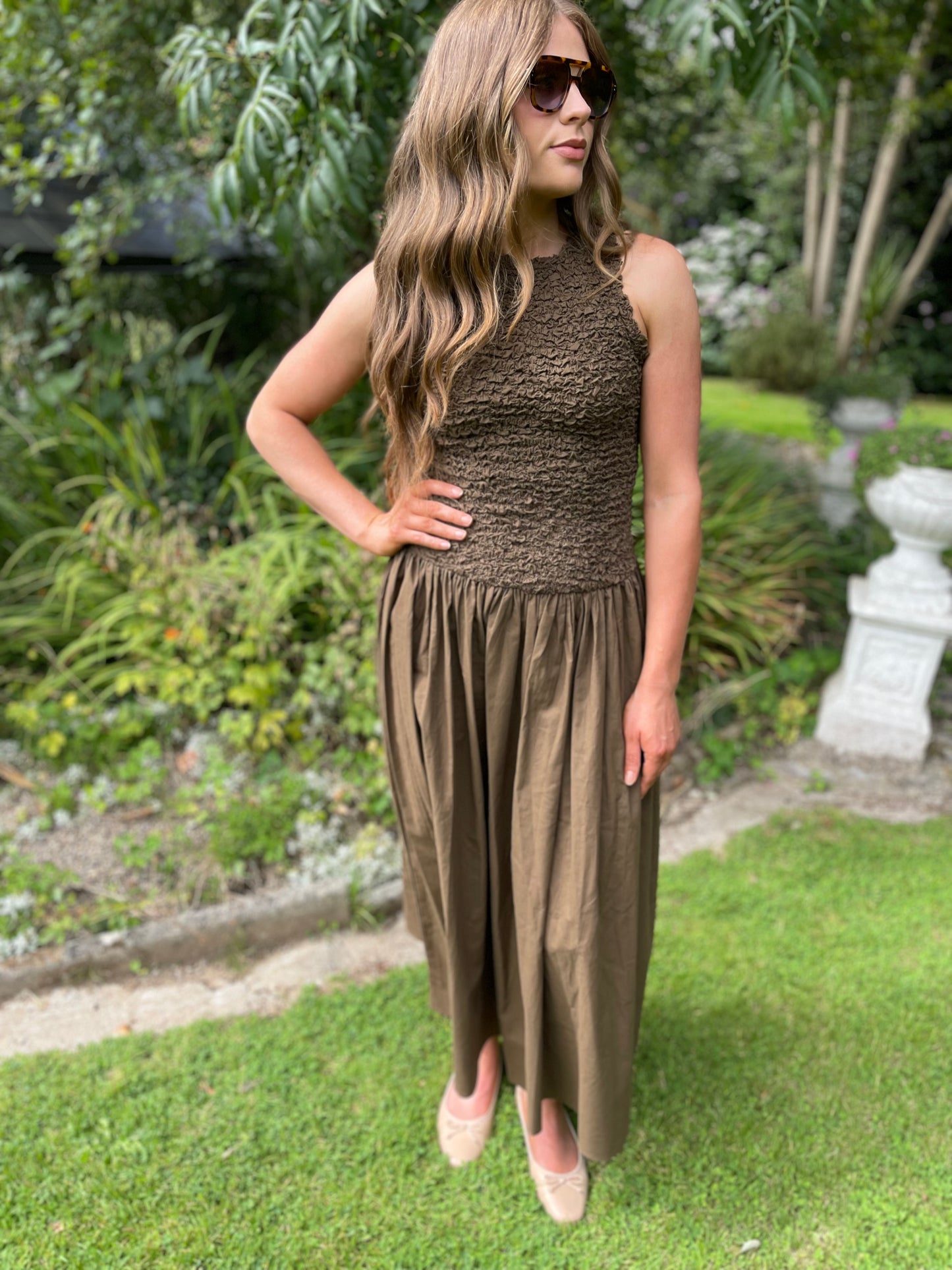 Mila ruched cotton brown dress