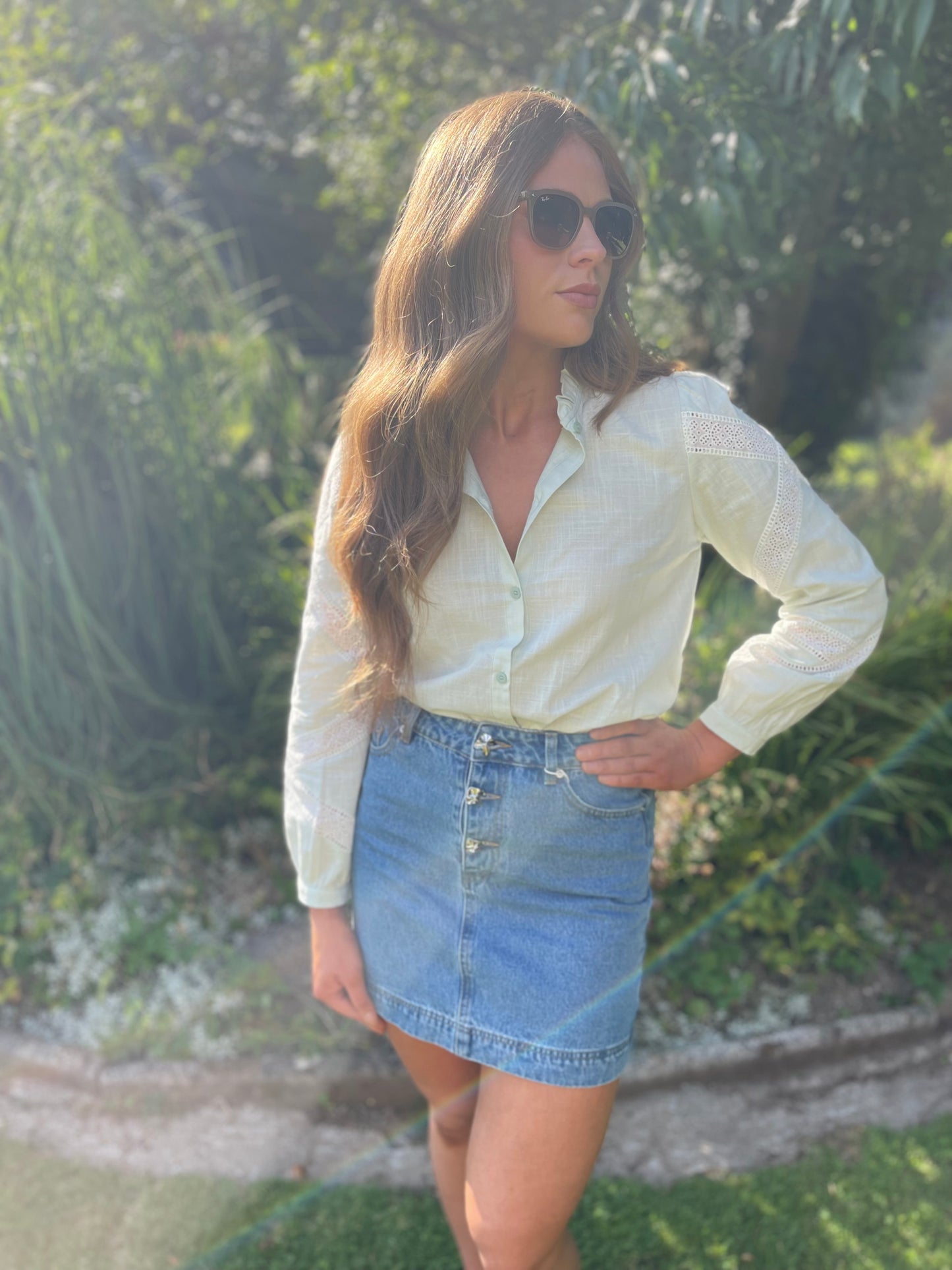 Mint linen embroidered lace blouse