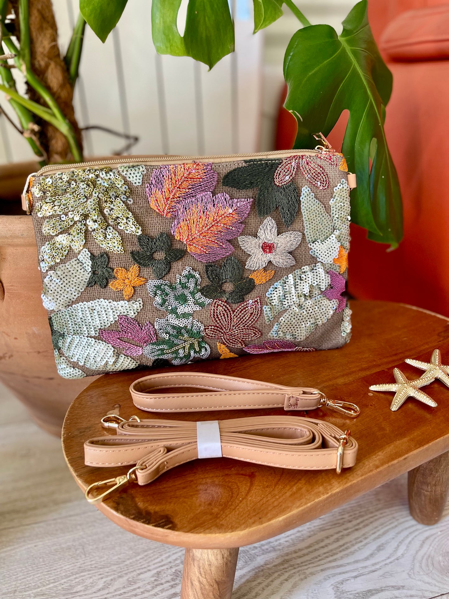 Ocean waves sequin floral clutch bag pouch