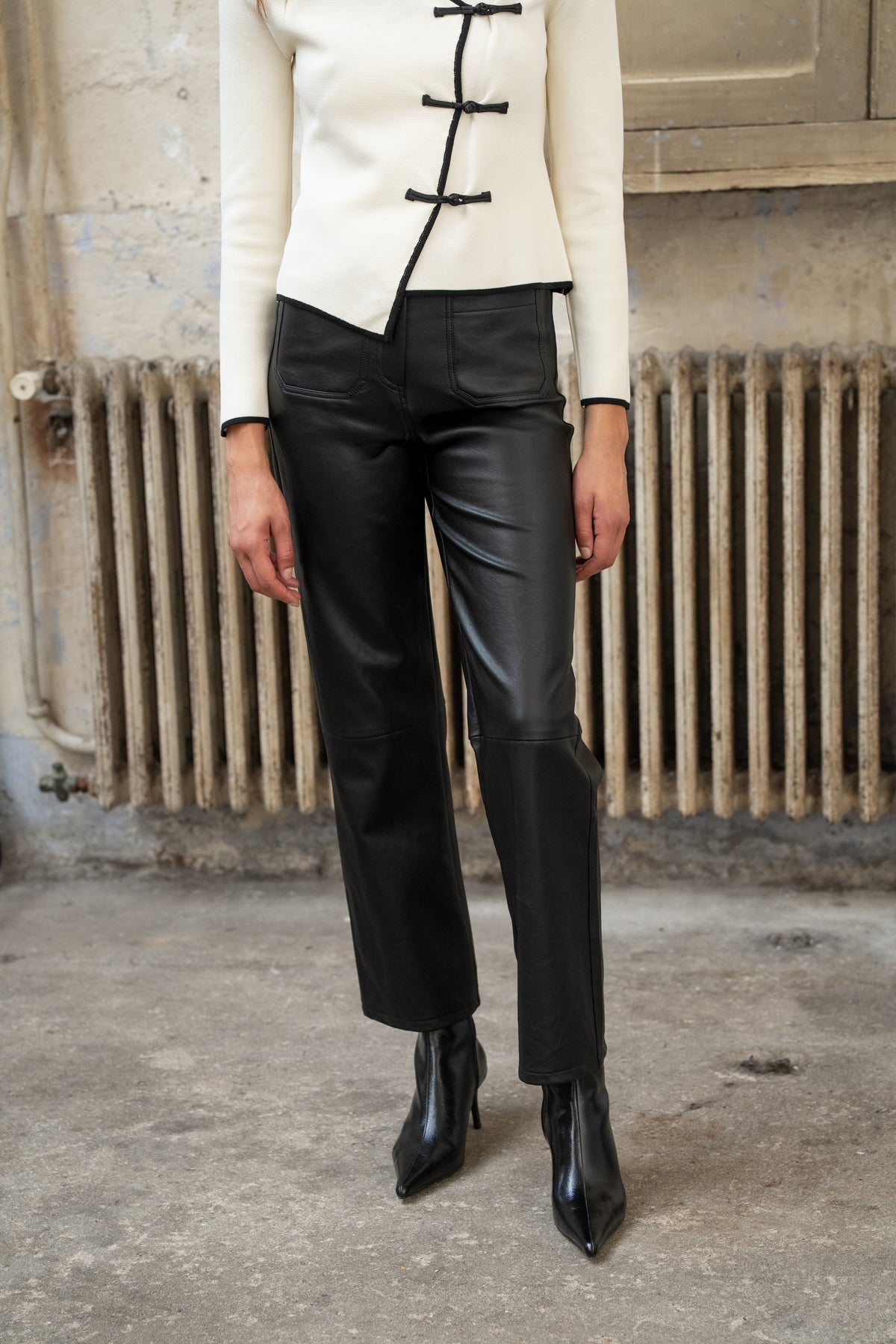 Andrea black leather wide leg trousers