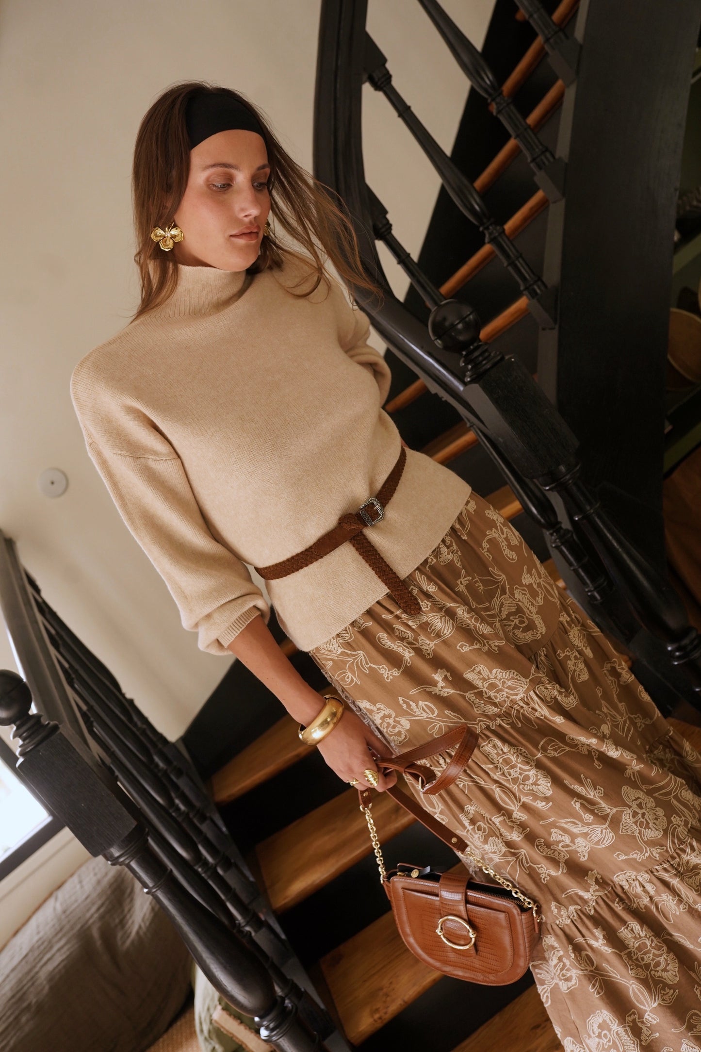 Hilda balloon sleeve coffee polo neck jumper