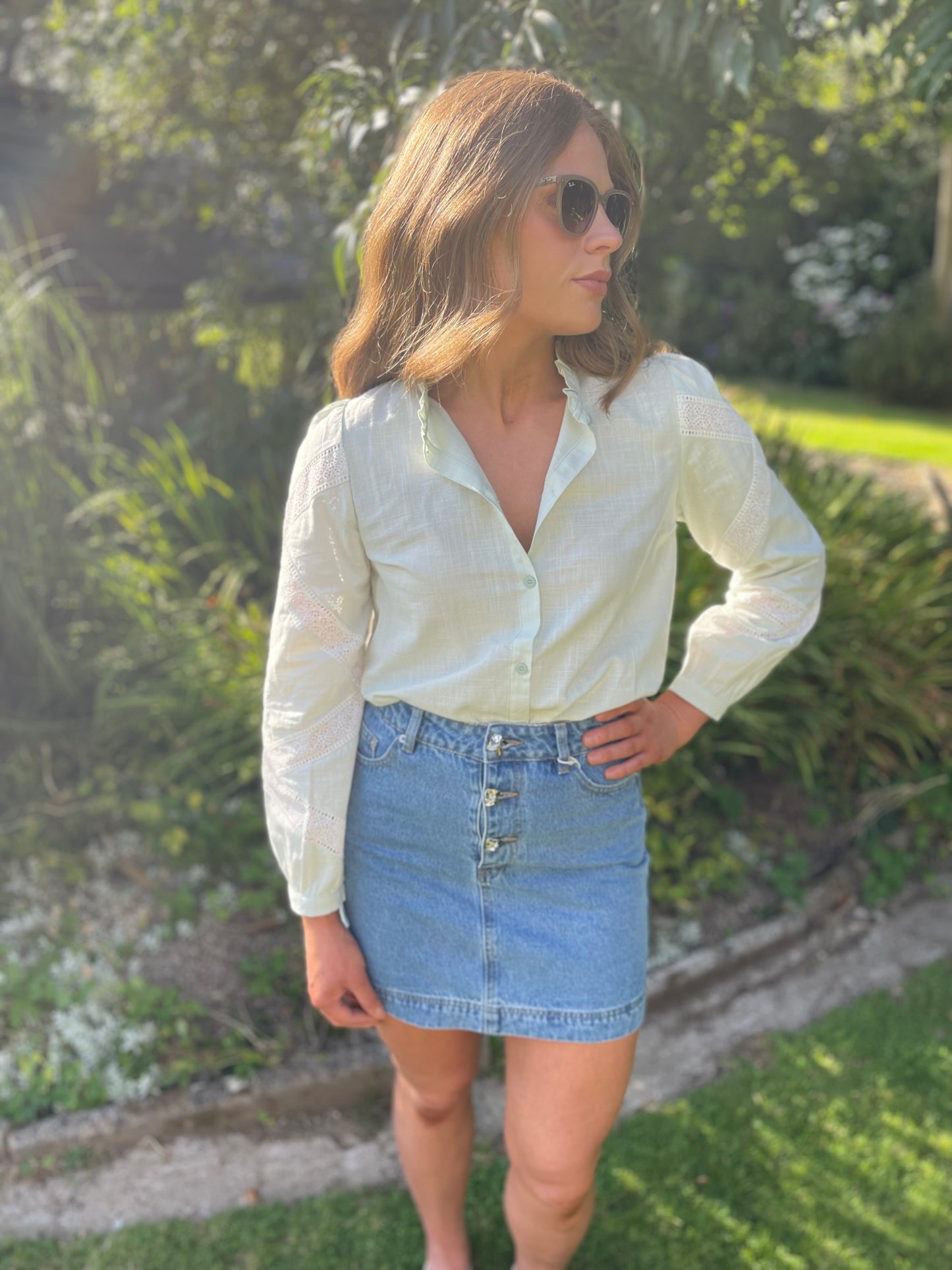 Mint linen embroidered lace blouse