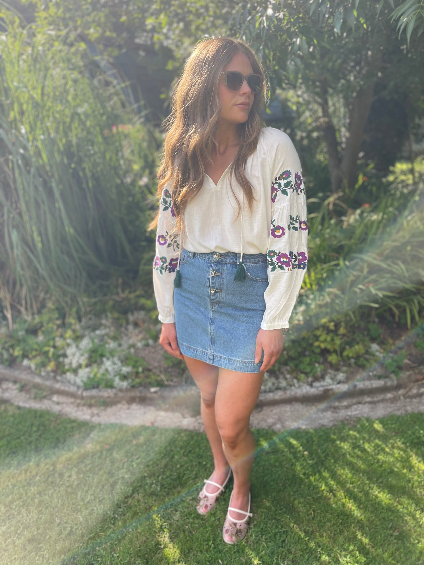 Purple flowers embroidered boho blouse